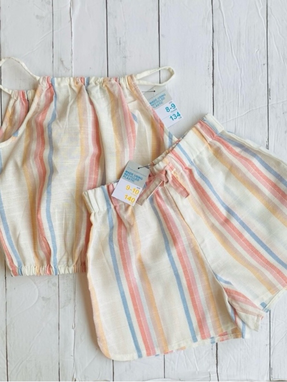 Pastel Striped Kids Shorts & Shirt Set - Cream, Pink & Blue